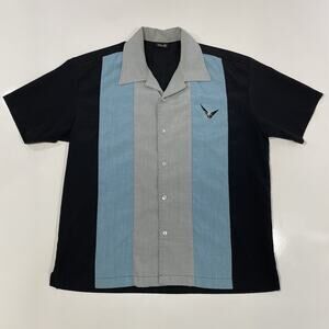 STEADY Men’s V Star Embroidered Panel Sheen Cabana MCM Rat Pack Bowling M Shirt